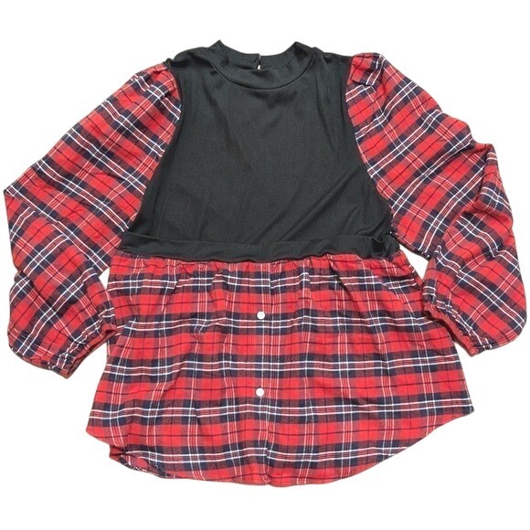 SHEIN Tops - SHEIN Plus 1X 14 16 Black Red Plaid Babydoll Flannel Top Shirt Empire Waist
